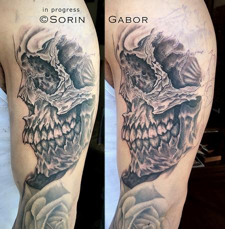 Tattoos - realistic and graphic black and gray sleeve tattoo in progress skull detail - 131437
